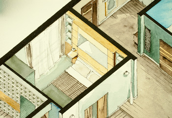 Isometric partial architectural watercolor drawing of apartment floor plan, symbolizing old-school artistic old fashioned design approach to real estate property management and contracting business