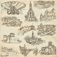 Architecture, Faous places - Collection of freehand sketches