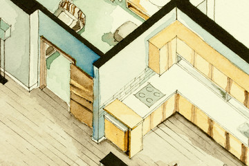 Isometric partial architectural watercolor drawing of apartment floor plan, symbolizing old-school artistic old fashioned design approach to real estate property management and contracting business