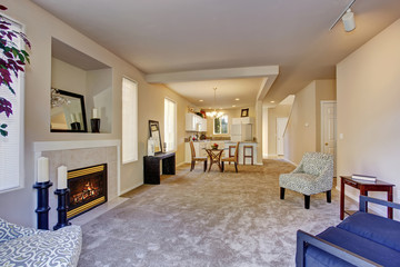 present day living room with carpet and fireplace.