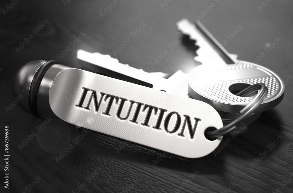 Poster intuition concept. keys with keyring.