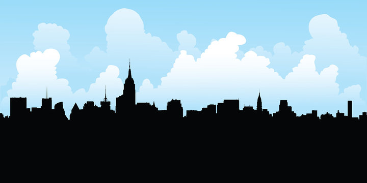 Skyline silhouette of Manhattan skyscrapers in New York City.