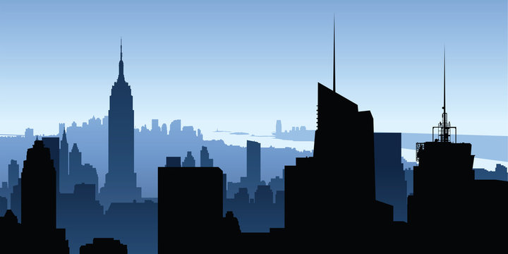 Skyline silhouette illustration of Manhattan skyscrapers looking south towards the Statue of Liberty in the distance.