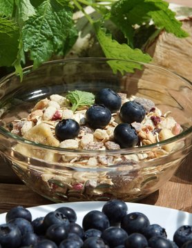 Fresh blueberries with muesli in a glass bowl