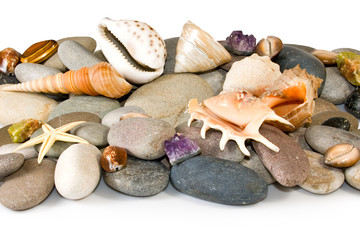 stones and sea shells on a white background