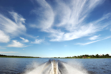 Foaming way speed journey  - the trail from the motor boat on th