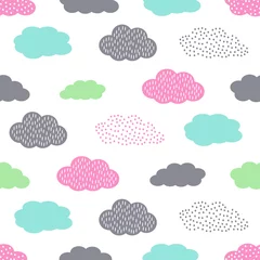 Poster Buntes nahtloses Muster mit Wolken für Kinderferien. Netter Babyparty-Vektorhintergrund. Zeichnungsartillustration des Kindes. © in_dies_magis
