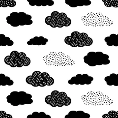 Rolgordijnen Black and white seamless pattern with clouds. Cute baby shower vector background. Child drawing style illustration. © in_dies_magis