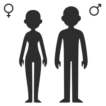 Stylized cartoon male and female silhouettes with corresponding gender symbols.
