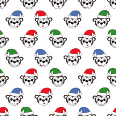 Funny little monkeys in Christmas caps. Seamless winter holidays theme monkey background pattern in vector. Chinese New Year symbol monkey illustration.