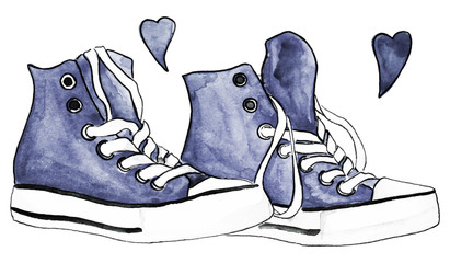 Watercolor navy blue gray grey sneakers pair shoes hearts vector isolated