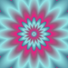 Neon explosion.  Digital abstract image with a psychedelic flower design in neon blue, green, and pink.