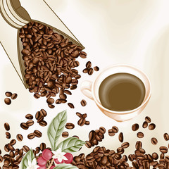 Cup of coffee and coffee seeds background