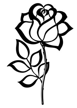 black silhouette outline rose, isolated on white.