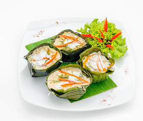 Crab salad Thai style isolated on white.