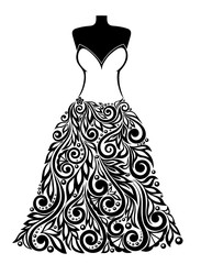 Silhouette of a beautiful dress with a floral element. Can be used for decoration of wedding cards.