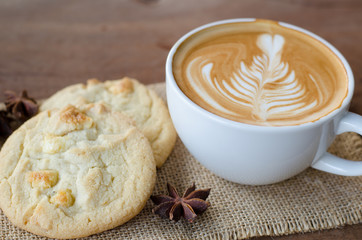 hot coffee and white chocolate macadamia cookie