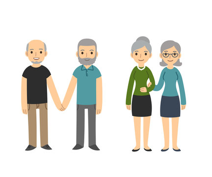 Two happy senior gay couples isolated on white background. Older men and women in casual clothes holding hands. Simple and cute cartoon style.