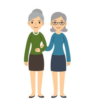 Happy senior gay couple isolated on white background. Older women standing together, cute cartoon style.