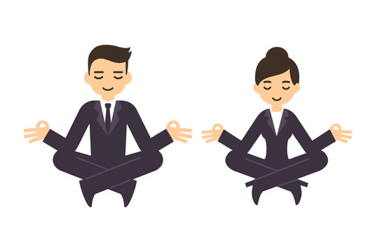 Cartoon businessman and woman in formal suits meditating in lotus pose. Isolated on white background.