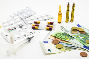composition with money, bullets, drugs