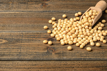 soybean on the wooden board, tilt shift lens