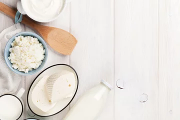 Foto auf Acrylglas Milchprodukte Sauerrahm, Milch, Käse und Joghurt