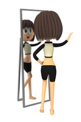 鏡で体型をチェックするスリムな女性