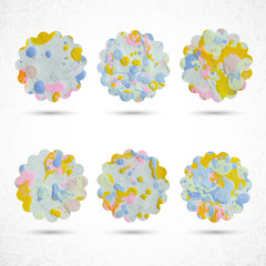 6 circles made with paint, brush, squeeze bottle, scissors and paper