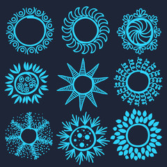 Solar ethnicity stylized symbols. Light blue logos like elements