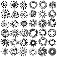 Set of vector icons. Hand drawn doodle suns. 36 items collection