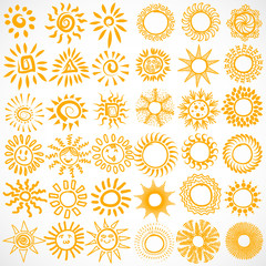 Set of vector icons. Hand drawn doodle suns. 36 items collection