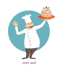 cartoon chef with mustaches holding a tray with cake. vector