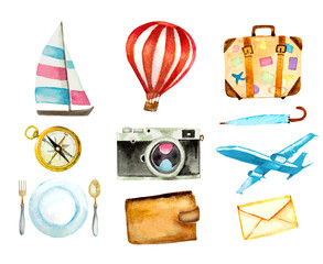 set of tourism icons. watercolor hand drawn vectorized illustration.