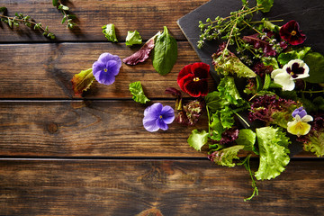 Fresh saland ingredients lettuce flowers spinach
