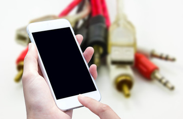 woman hand hold and touch screen smart phone