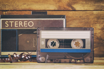 close up photo of stack of Cassette tapes . retro style image
