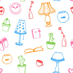 Colorful home interior decor doodles seamless pattern. Vector