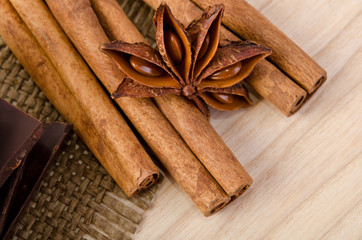 cinnamon stick, star anise and chocolate with nuts