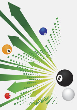 Billiard green arrows and balls.Abstract billiard background