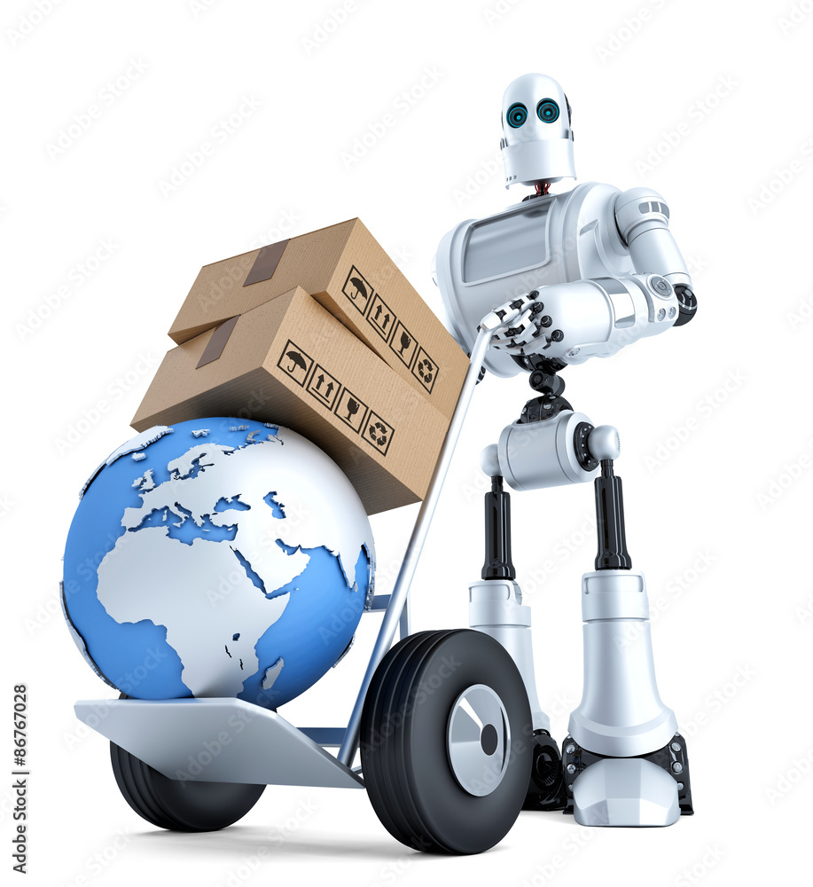 Poster robot with hand truck and stack of boxes. isolated. contains clipping path