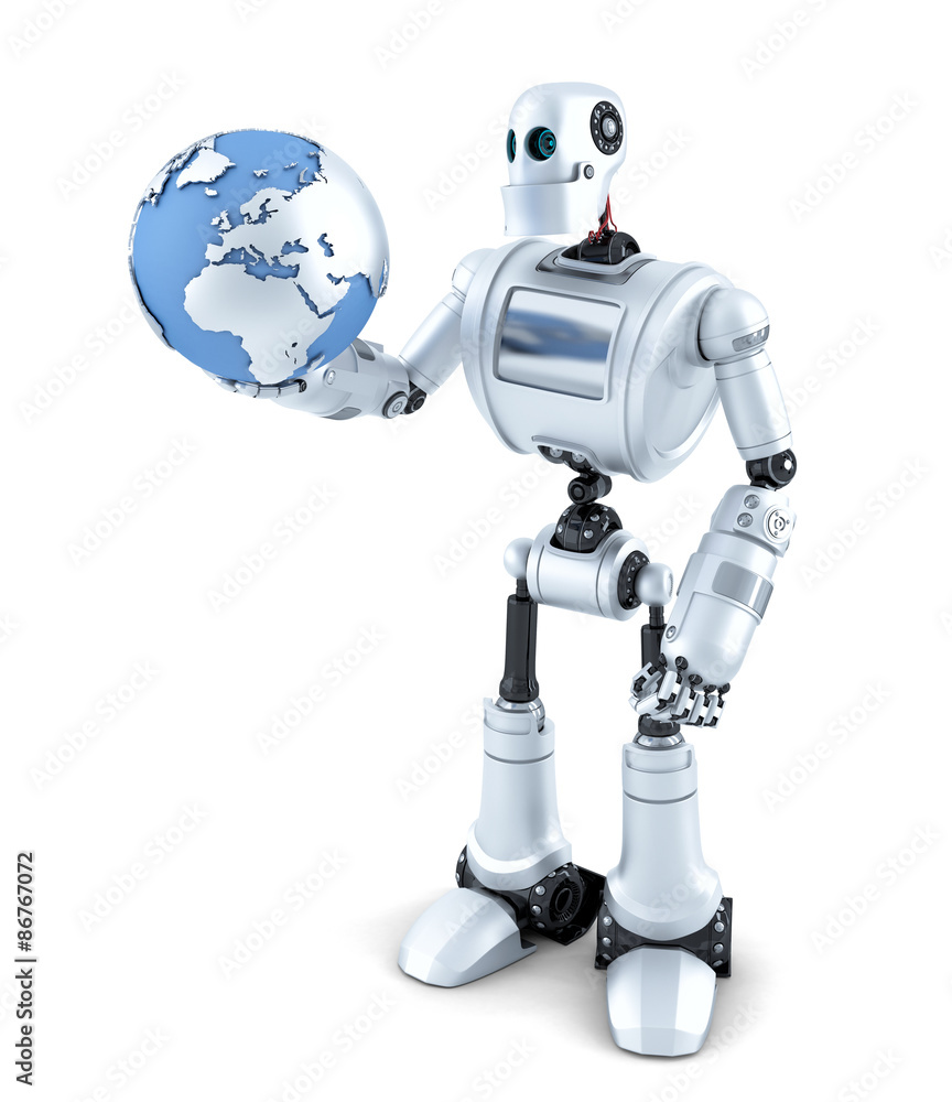 Poster robot holds earth globe. technology concept. isolated. contains clipping path