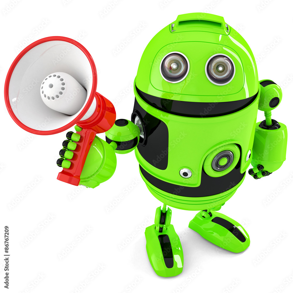 Poster green robot shouting into bullhorn. isolated. contains clipping path