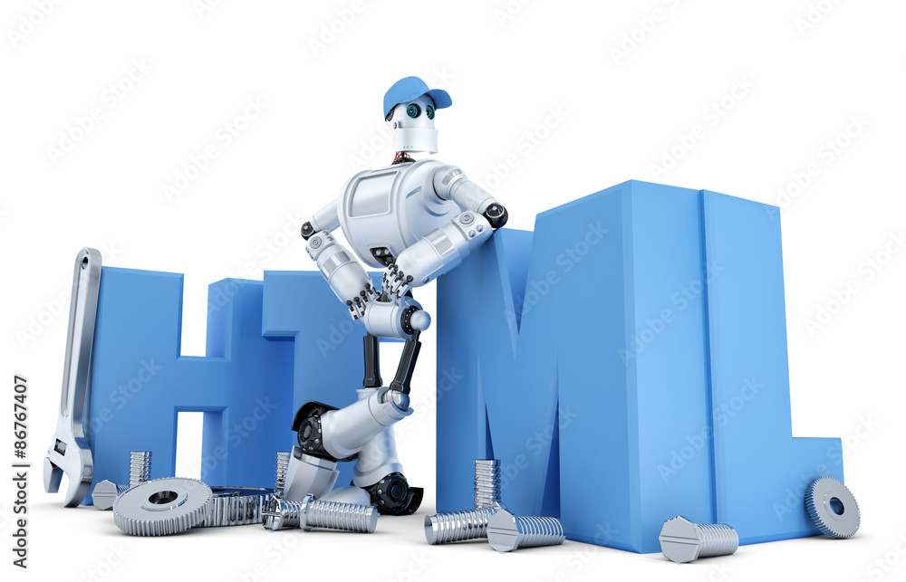 Aufkleber robot with html sign. technology concept. isolated. containsclipping path