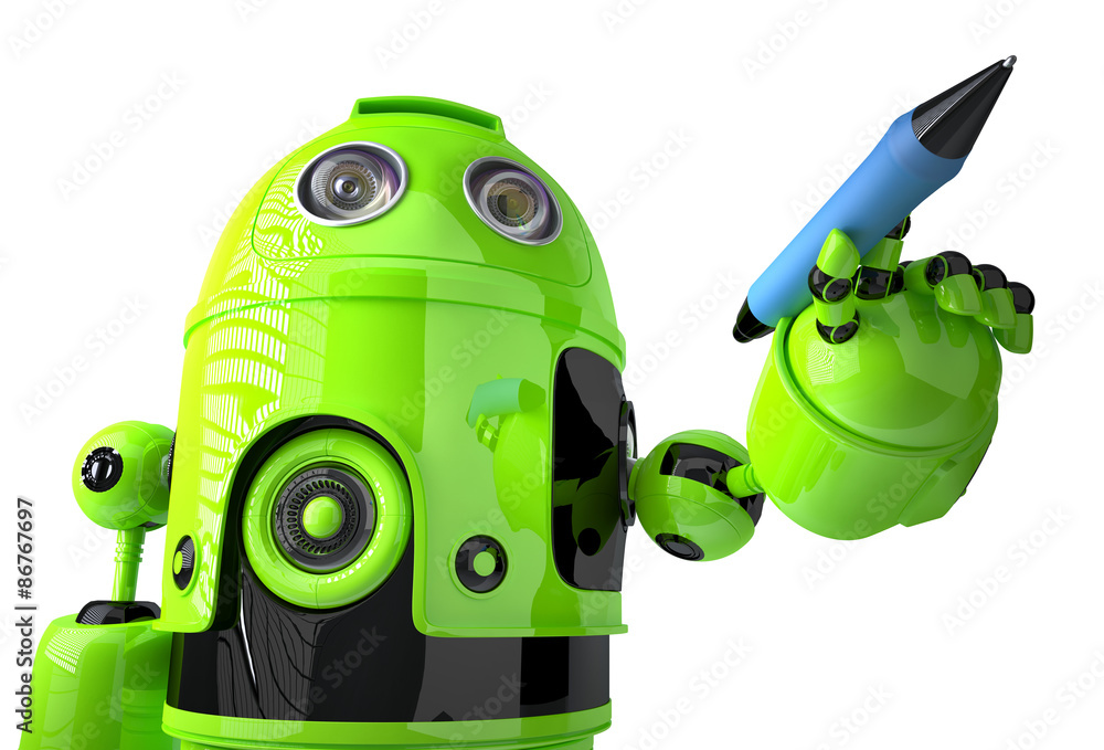 Poster green robot writing on invisible screen. isolated. contains clipping path