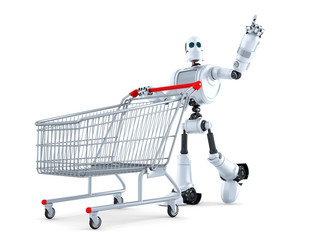 Robot with shopping cart pointing at invisible object. Isolated. Contains clipping path