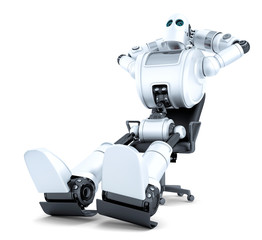 Robot relaxing in office chair. Isolated. Contains clipping path