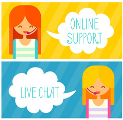 Banners with live chat support managers, young girls with