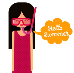 young girl with snorkel mask says hello summer. Vector flat