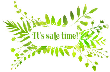 Spring frame with watercolor bright green leaves and text it's